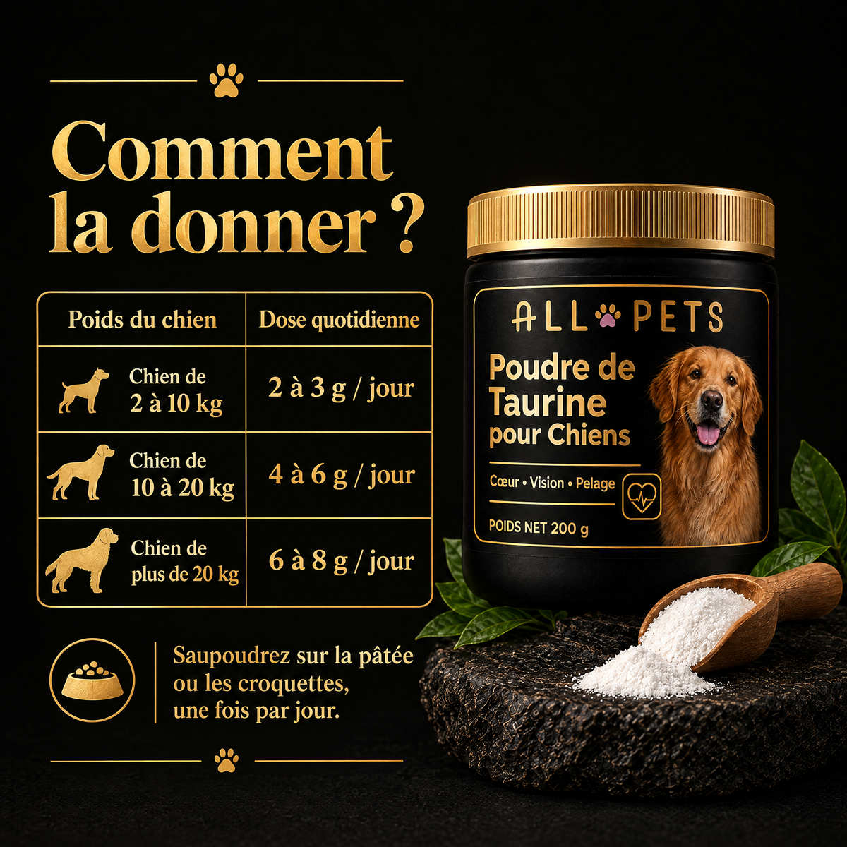 Dosage de la poudre de taurine selon le poids du chien